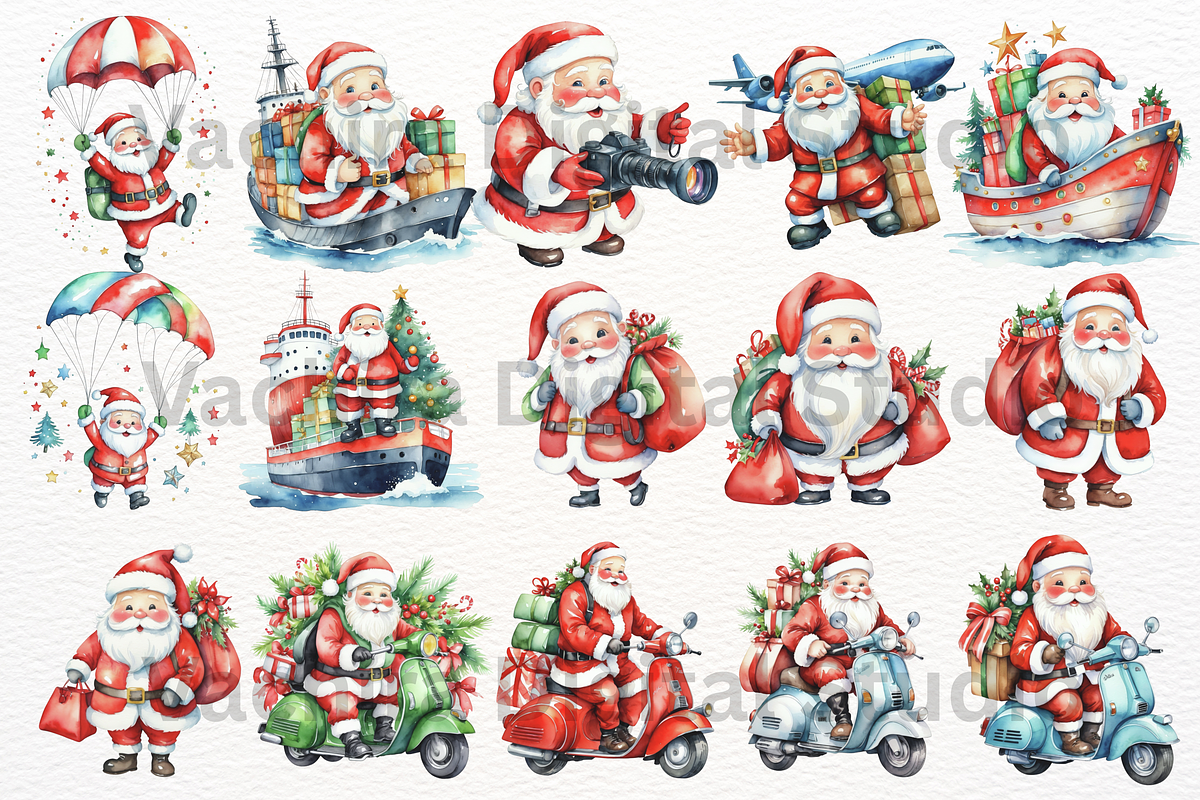 Watercolor Santa Clipart Bundle, a Seasonal Illustration by Vachira Digital Studio (Photo 3 of 8)