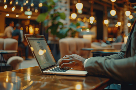 A businessman types on his laptop wh, a Photo by Iftikhar Alam