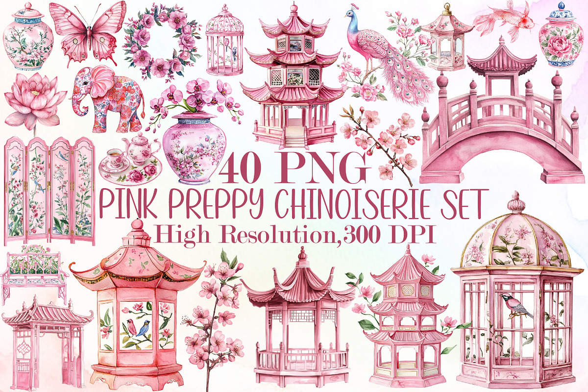 Watercolor Pink Preppy Chinoiserie S, an Illustration by Sublimation Artist (Photo 1 of 6)