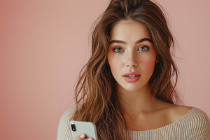 A young Caucasian woman with wavy hair holds a smartphone against a soft pink b, a Person Photo by ImageMir