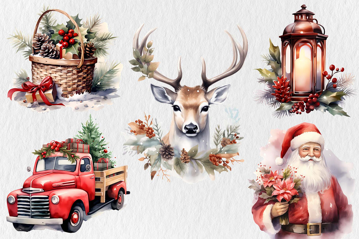 Watercolor Christmas Vintage Clipart, an Illustration by Moon Studio (Photo 4 of 12)