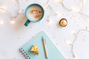 Flat lay with lights and eggnog