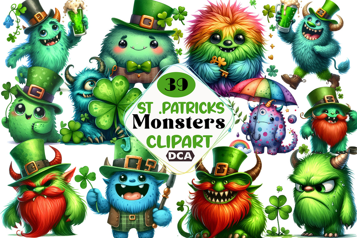 Watercolor St .Patricks Monsters Cli, an Illustration by DreamCafeArt (Photo 1 of 4)