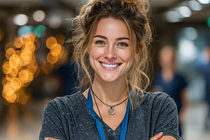 Confident female healthcare professional smiling in a hospital corridor with sc, a Health & Medical Photo by AS photostudio