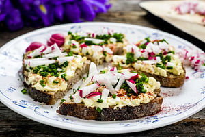 Egg salad open sandwiches with radis, a Food & Drink Photo by 1miromiro