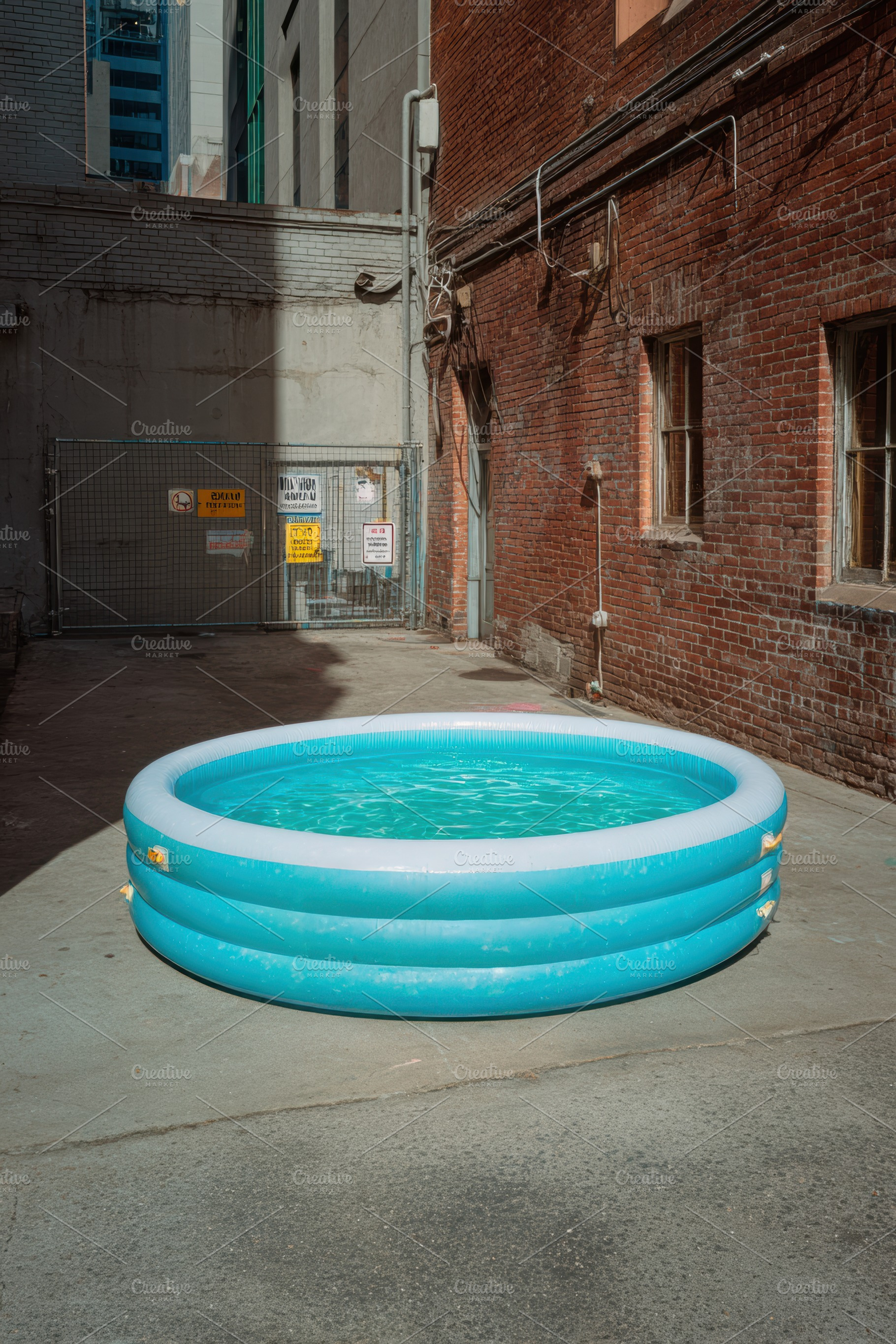 Kid’s inflatable pool in urban alley, a Sports & Recreation Photo by Virgo Studio