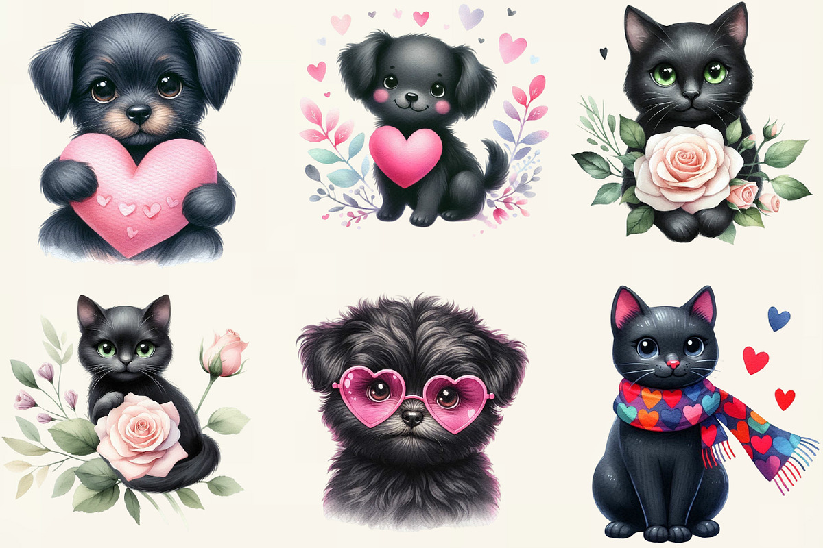 Whimsical Valentine Black Dog & Cat, an Illustration by DreamCafeArt (Photo 3 of 6)