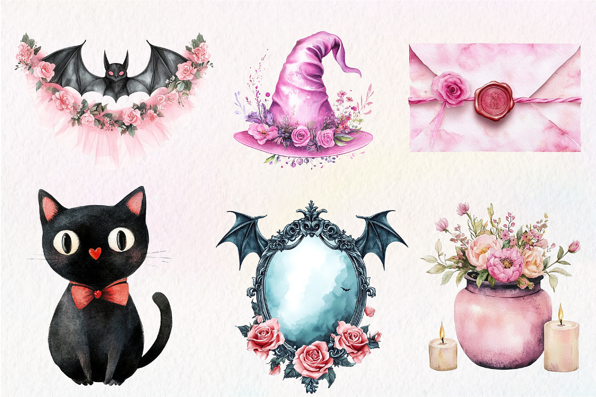Pink Halloween Witch Wedding Clipart, an Illustration by CreationArt (Photo 5 of 5)