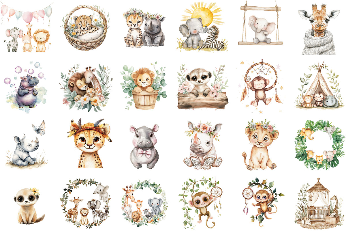 Watercolor Cute Boho Baby Safari Ani, an Illustration by Sublimation Artist (Photo 2 of 6)