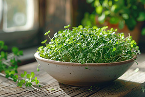 Microgreen broccoli in bowl on wooden background, a Food & Drink Photo by AlyaAnd