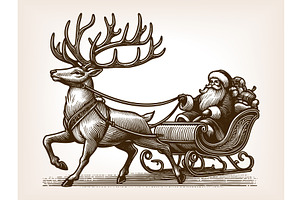 Santa Claus Riding Sleigh Reindeer, an Illustration by AlexArt