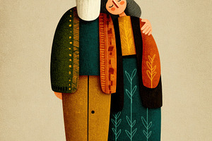 Folk Style Illustration of Elderly Couple Embracing with Botanic, a Food & Drink Photo by José Manuel Gelpi