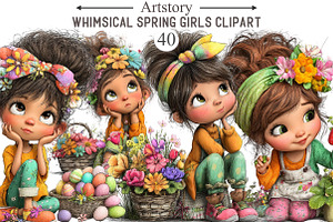 Whimsical Spring Girls Clipart, an Illustration by designcity5
