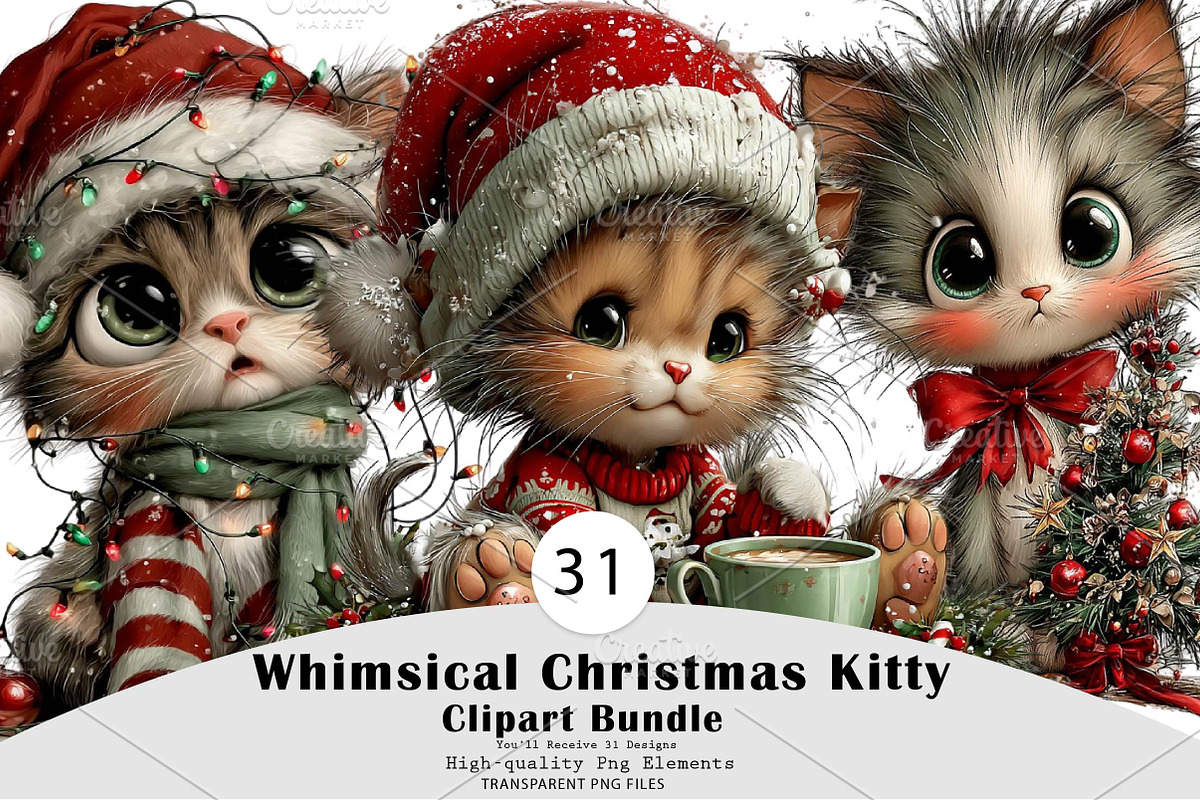 Whimsical Christmas Kitty Clipart, a Seasonal Illustration by CreationArt (Photo 1 of 5)