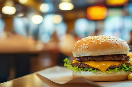 Burger with baked potatoes on blurred fast food restaurant backg, a Food & Drink Photo by AlyaAnd