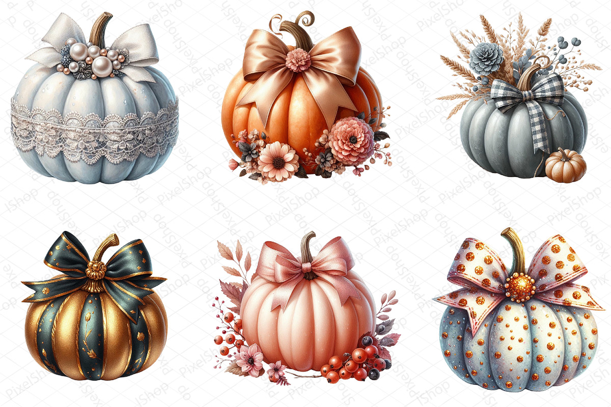 Watercolor Fall Bow Pumpkins Clipart, an Illustration by DreamPrint404 (Photo 5 of 6)