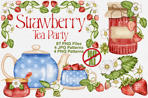 Strawberry Watercolor Tea Party., a Food Illustration by Happy Sloth Graphics