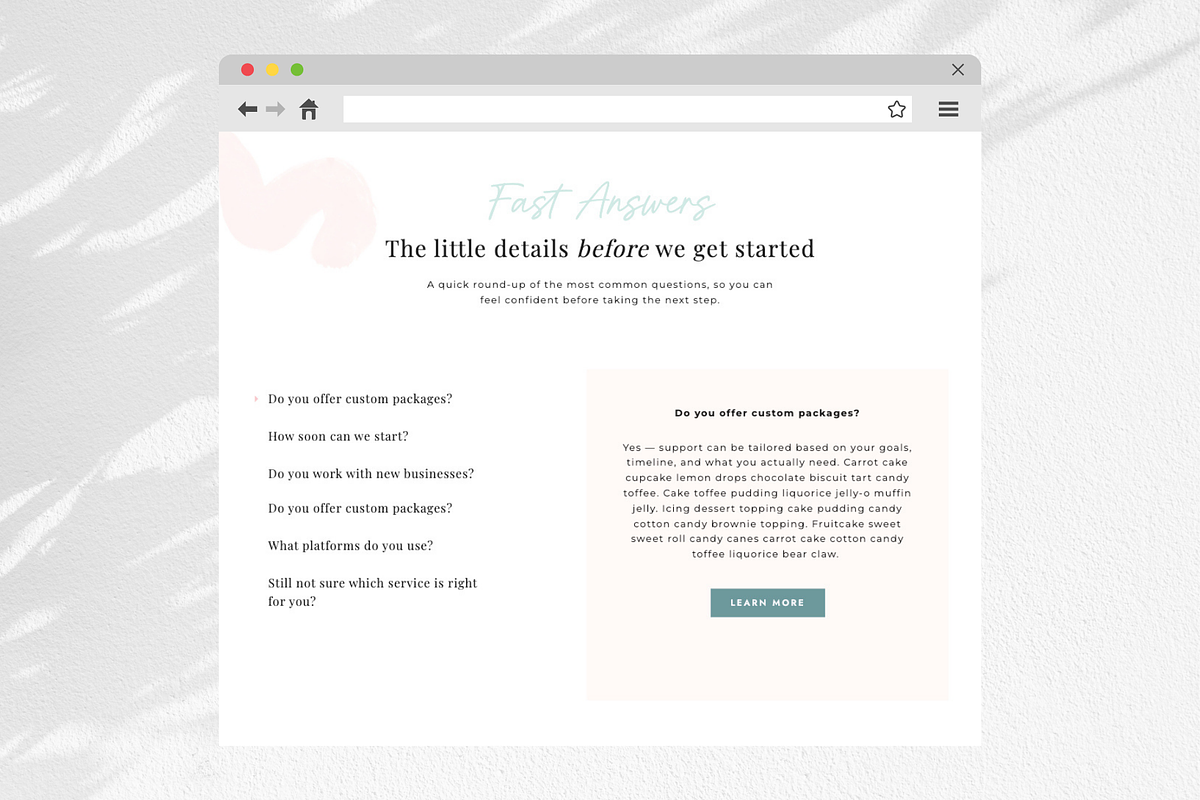 Showit FAQ Section Template Add On, a Landing Page Template by Sugar Studios (Photo 3 of 7)