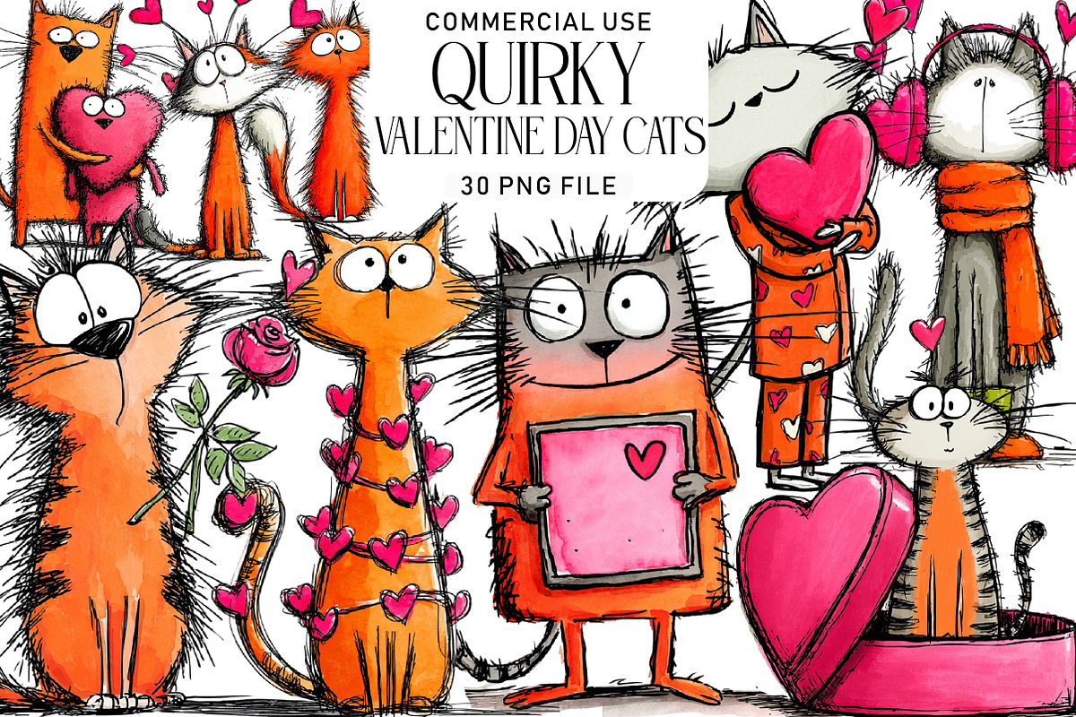 Quirky Valentine Day Cats Clipart, an Illustration by Daily.Designs (Photo 1 of 5)