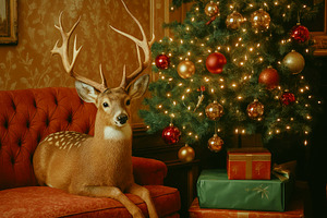 a deer by a christmas tree, generative AI, a Photo by Nito