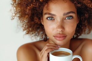 A beautiful young woman with curly hair enjoys a warm cup of coffee, exuding wa, a Person Photo by ImageMir