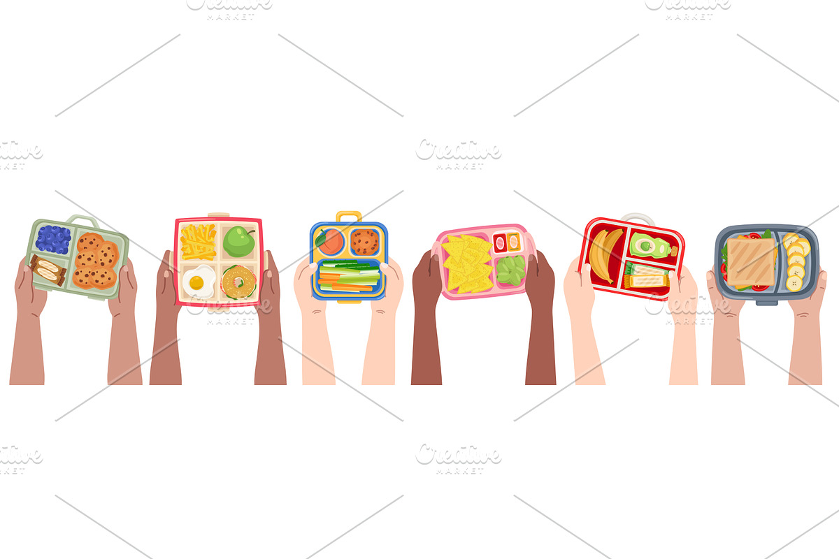 Kids hands hold lunch boxes. Top, a Food Illustration by YummyBuum