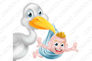 Cartoon stork delivering baby, an Animal Illustration by Christos Georghiou