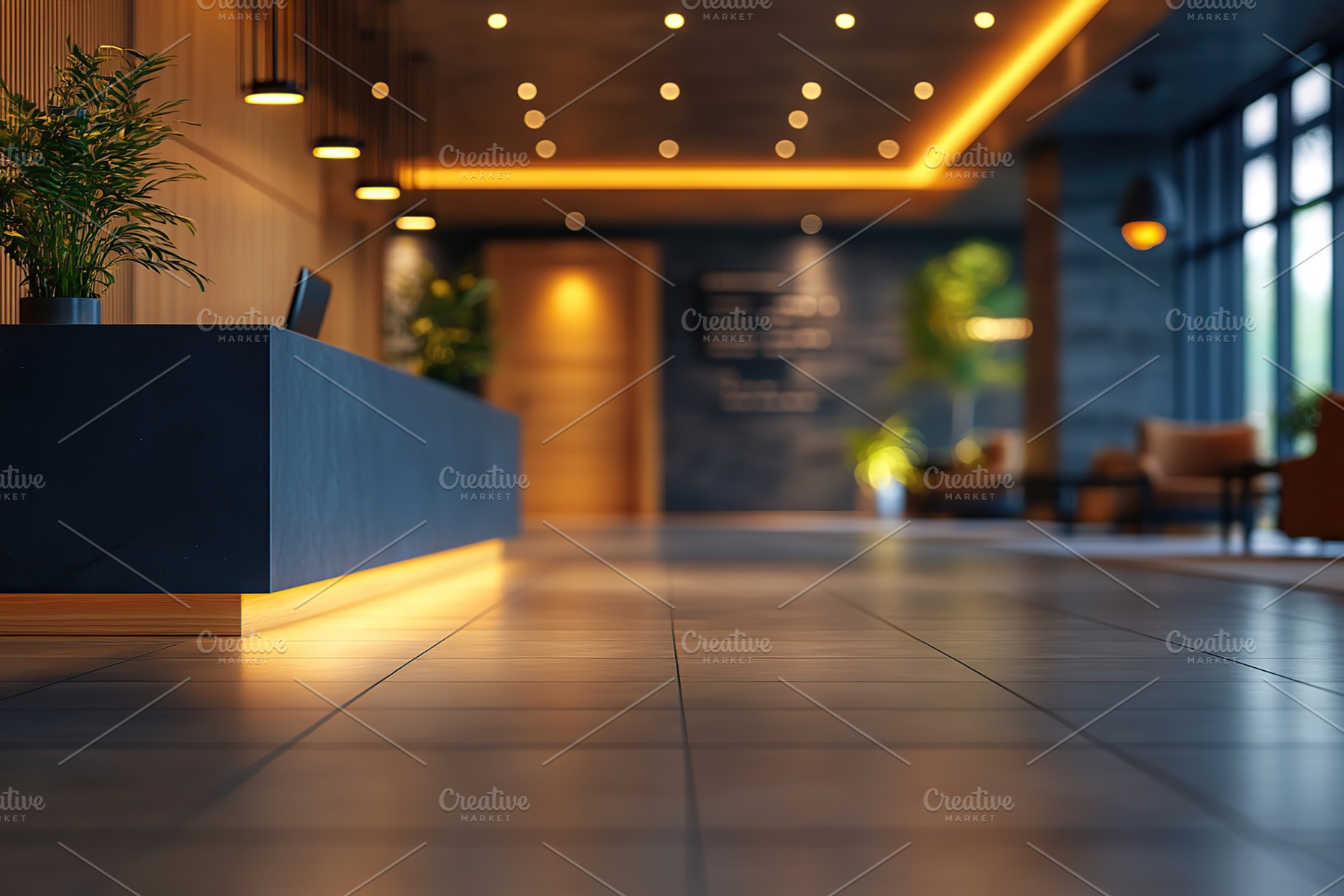Empty stylish hotel lobby with lights, an Abstract Photo by AlyaAnd