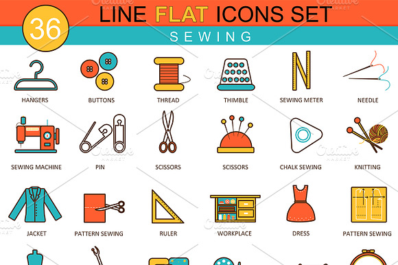 36 Sewing Flat Line Icons Set.