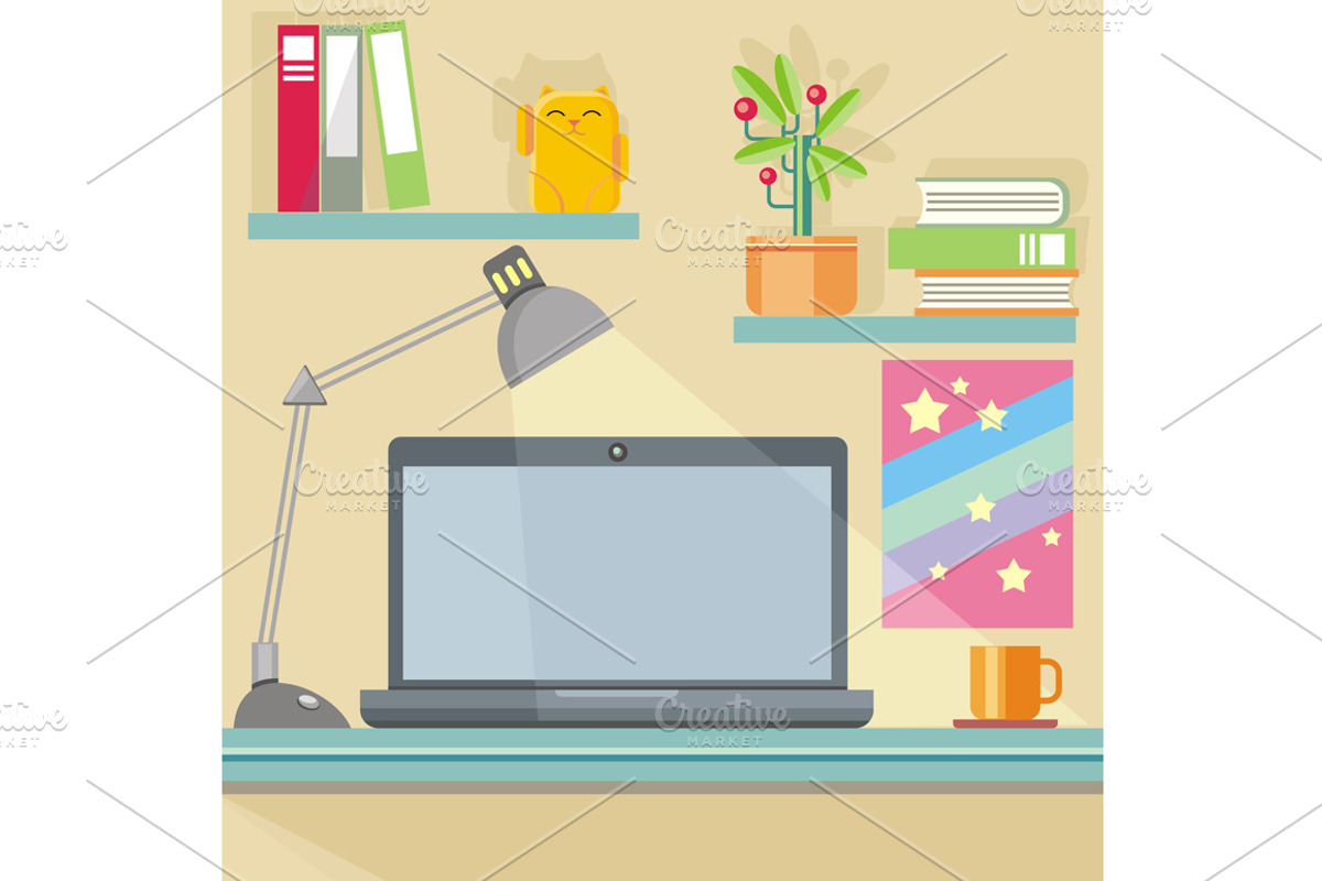 Workplace with notebook, lamp, books