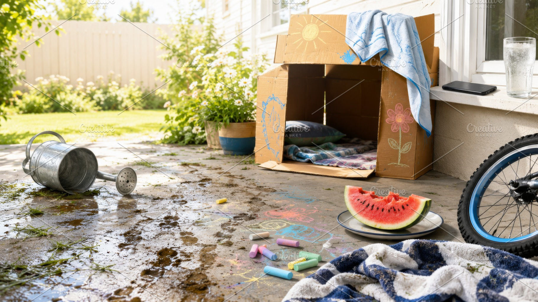 Summer childhood fun with chalk art, a Photo by Dvoevnore photos