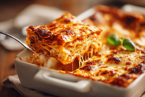 Delicious homemade lasagna with melted cheese, a Food & Drink Photo by AlyaAnd