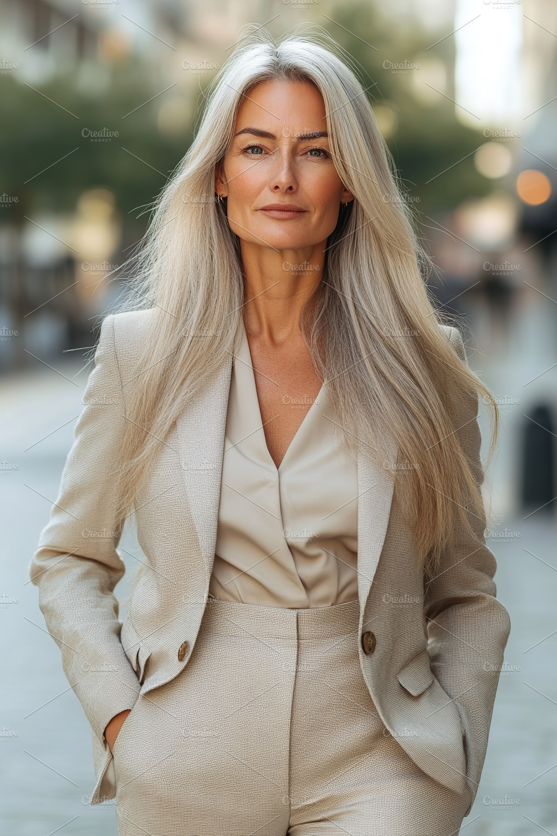 Charming mature woman with long gray hair and beige costume walking on the city, a Person Photo by AlyaAnd