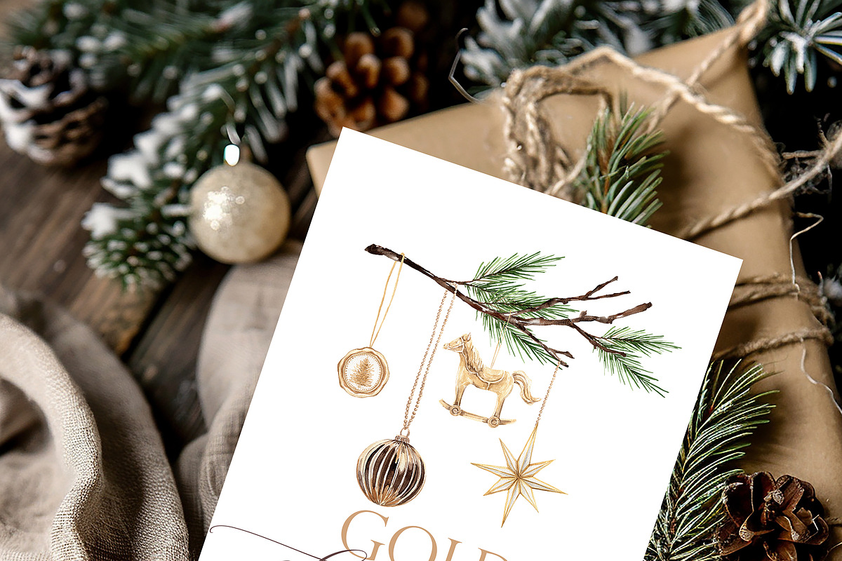 Gold Christmas Watercolor Clipart, a Decorative Illustration by Beigetime (Photo 13 of 18)