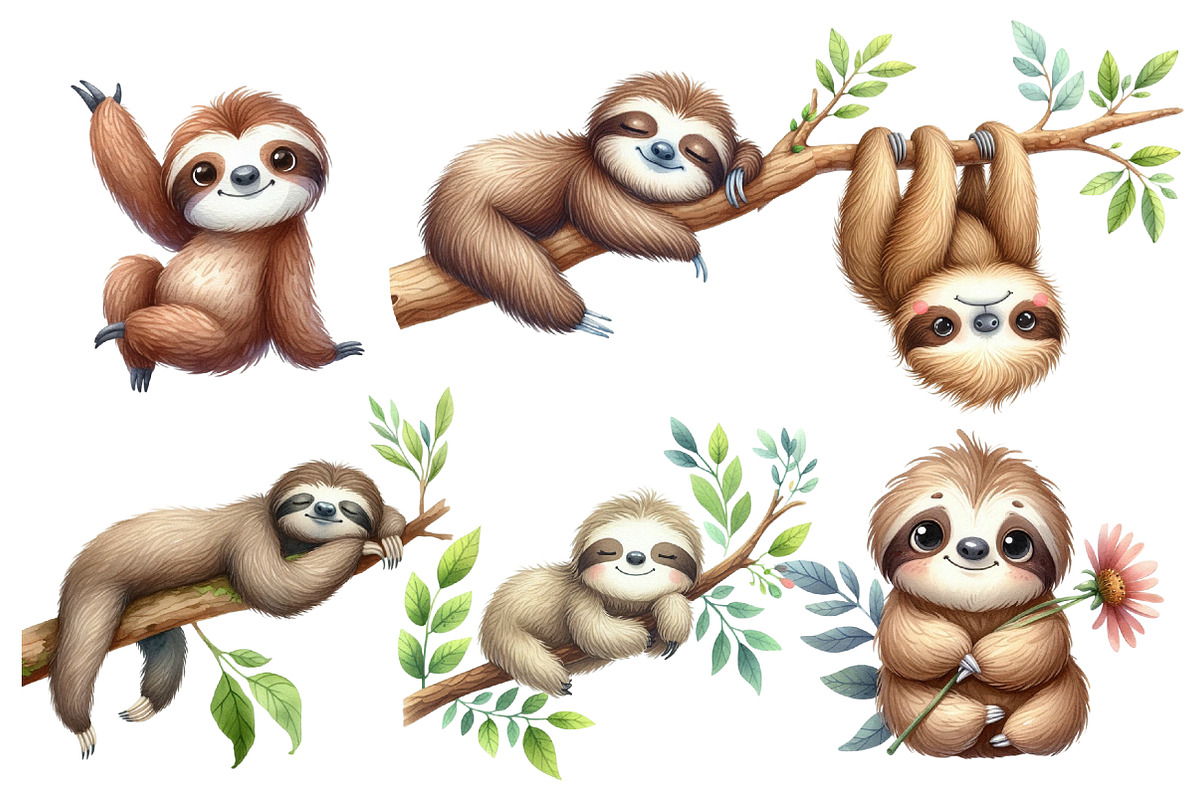 Sloth watercolor clipart, an Illustration by Designworld (Photo 3 of 6)