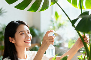 Happy Woman Sprays Monstera, a Person Photo by Virgo Studio