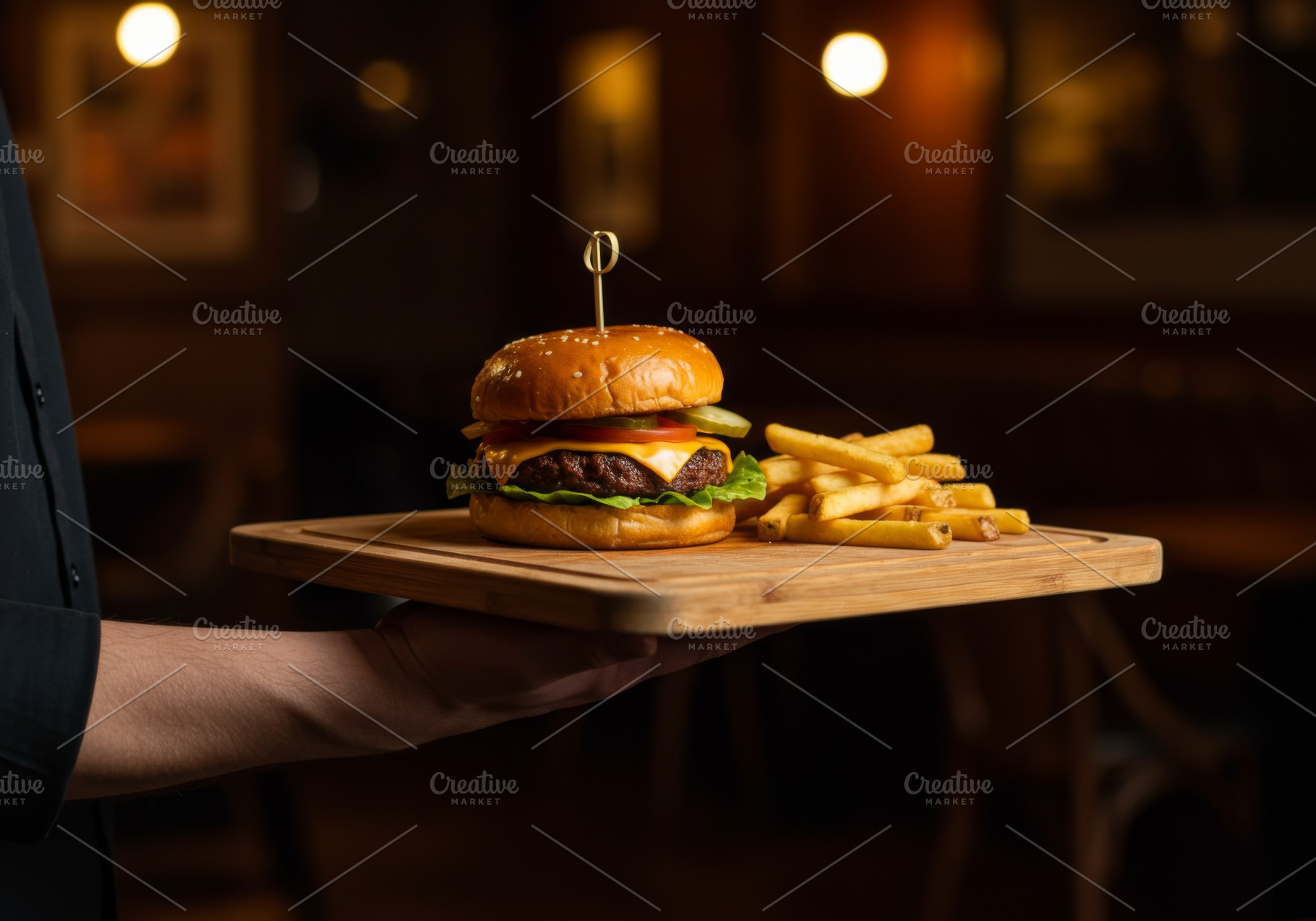Cheeseburger with fries served on a, a Food & Drink Photo by professorinc