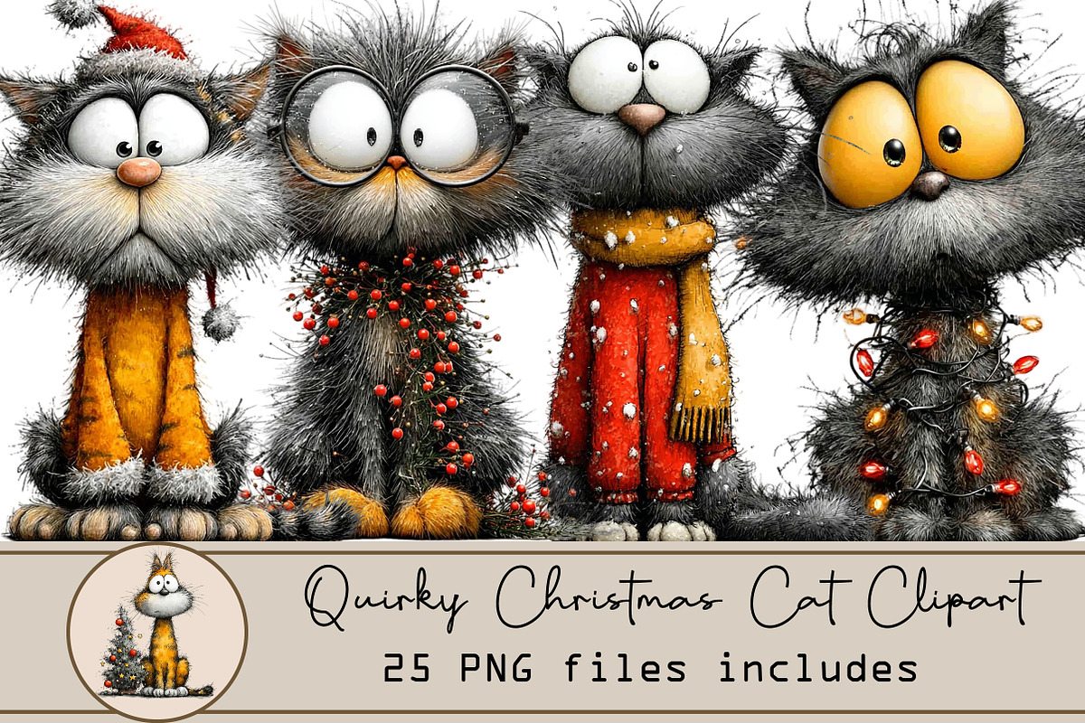 quirky Christmas cat clipart, an Illustration by DreamArtGraphic (Photo 1 of 4)