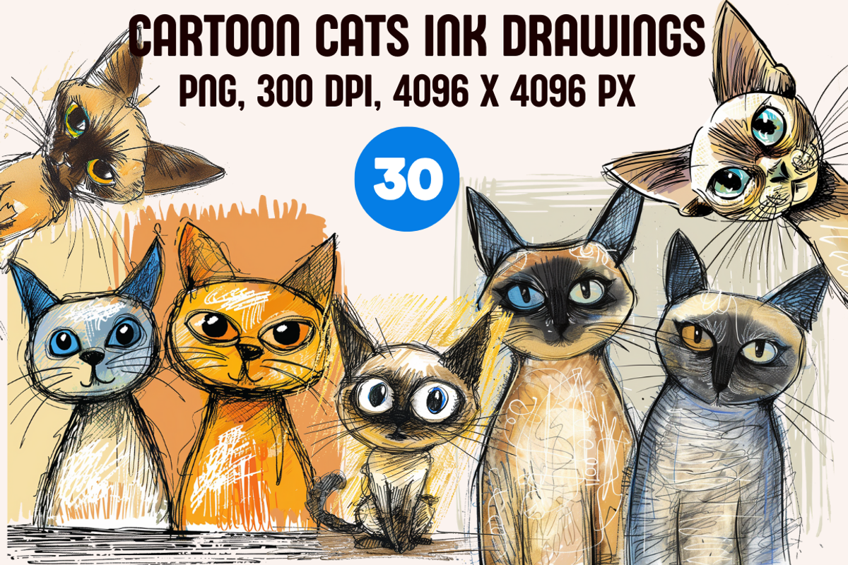 Cartoon Cats Ink Drawings, an Animal Illustration by PrintHaven Designs (Photo 1 of 8)