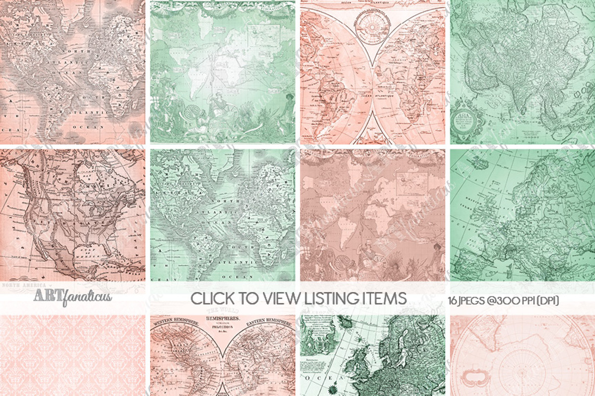 MINT & CORAL VINTAGE MAPS, an Illustration by Artfanaticus (Photo 4 of 4)