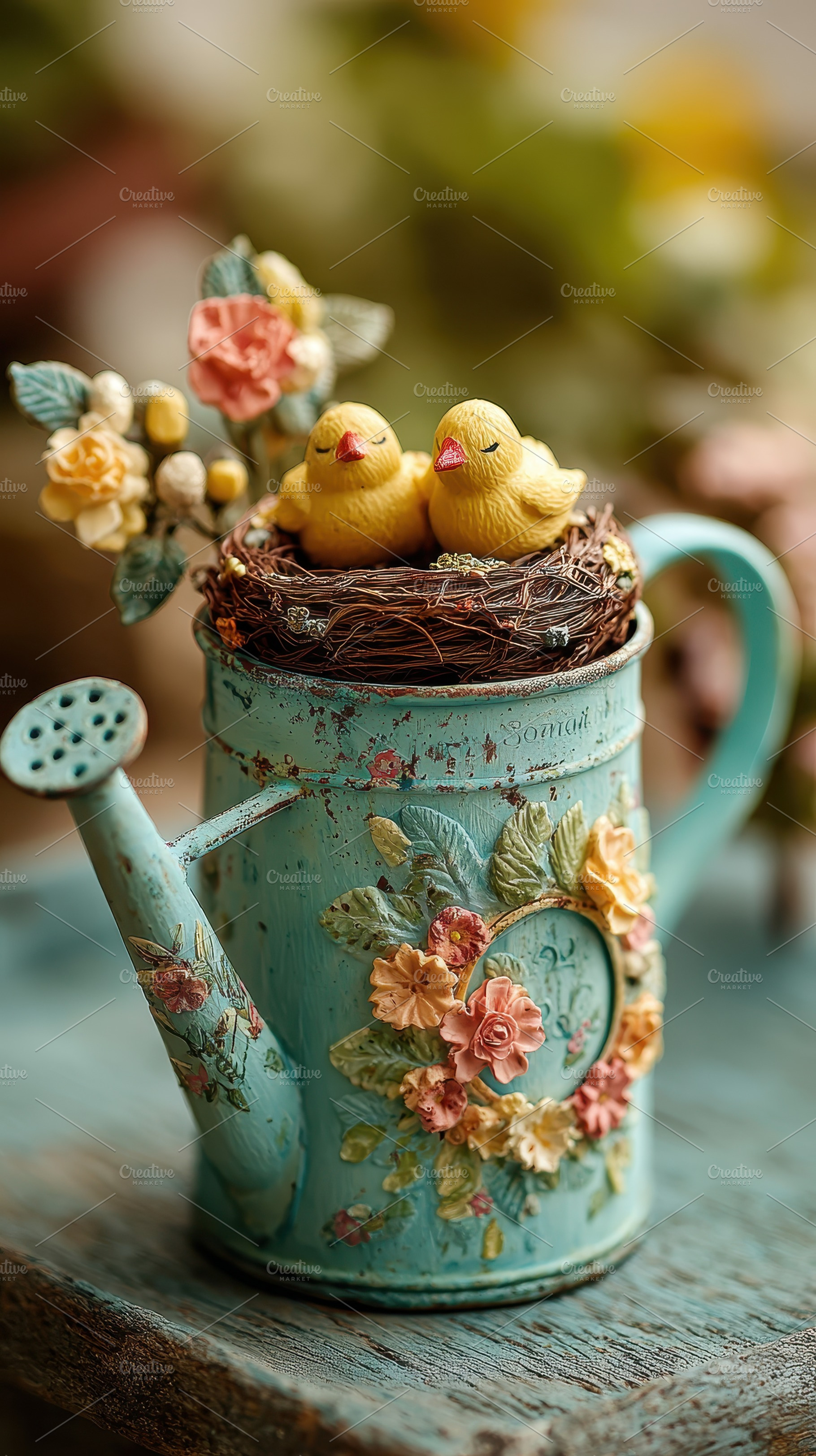 Two birds nestled in a floral wateri, a Photo by Pixeness Studio
