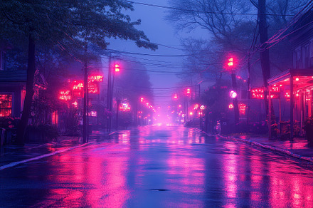 Neon lights illuminate a rainy stree, a Photo by Tanuart