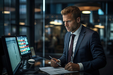 focused business executive in modern, a Photo by SaroStock