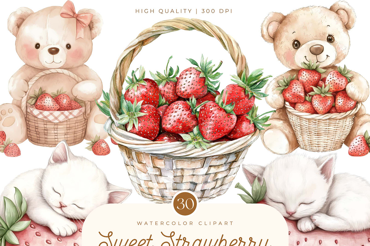 Watercolor Sweet Strawberry Clipart, a Food Illustration by SparkyDesignsUS (Photo 1 of 9)