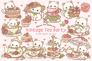 Kawaii Cat Vintage Tea Party Clipart, an Animal Illustration by Blumensdiary