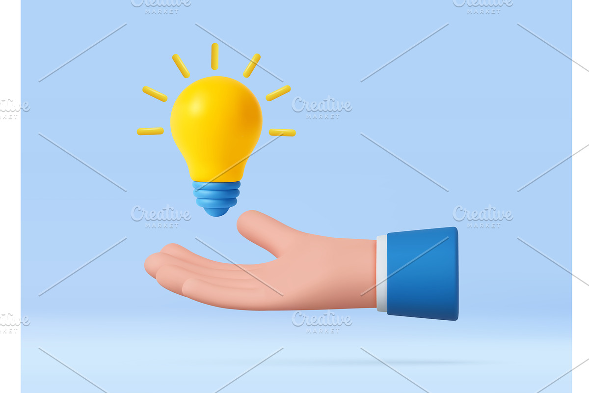 3D cartoon hand holding a light bulb, a Technology Illustration by ModVector