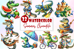 Summer Crocodile Character Clipart, an Illustration by Watercolor design