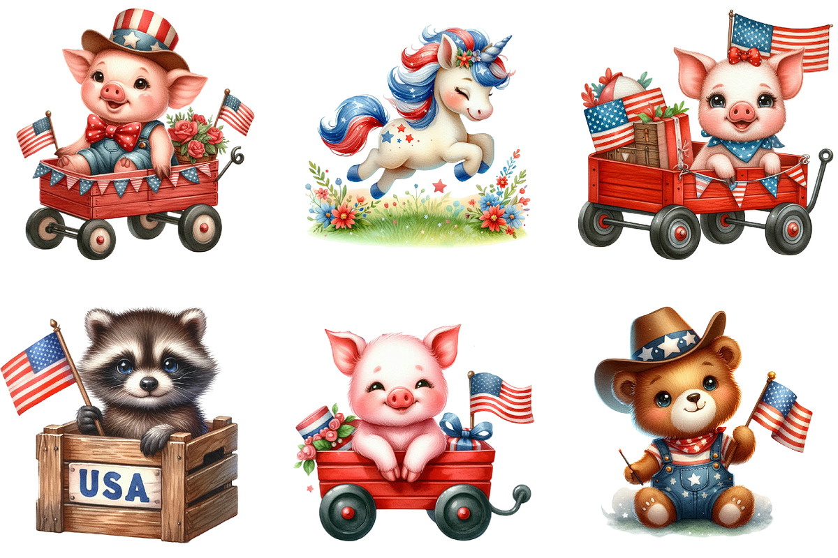 Fourth of July Cute Animal Watercolo, an Illustration by DreamArtGraphic (Photo 2 of 4)