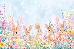 Cute rabbits in colorful flower, an Illustration by Lermont51