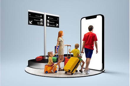 At airport. Happy family going to